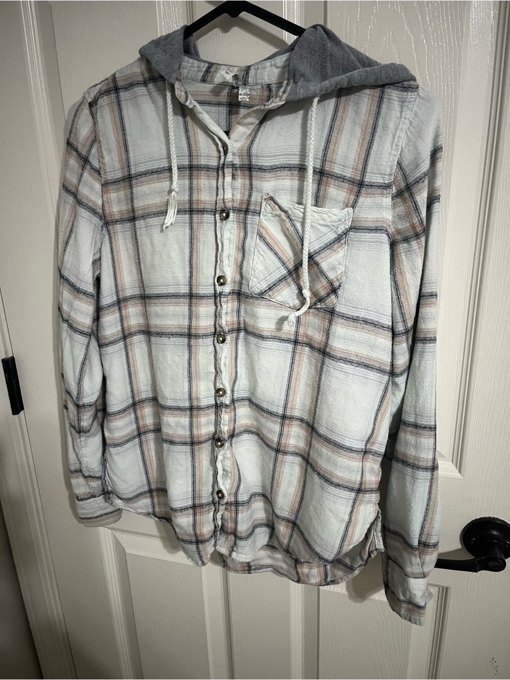 Mudd Plaid Hooded Button-Down Shirt - Cream, Gray - Picture 2 of 6